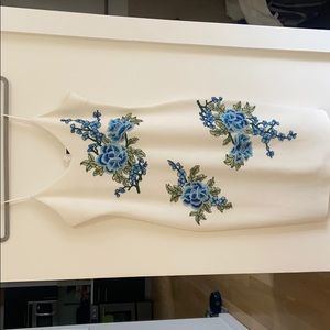 White and Blue Floral Fitted Spaghetti Strap Dress